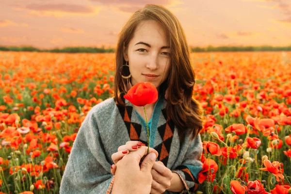 Man\'s hand giving poppy flower to beautiful young woman in summer meadow, point of view.