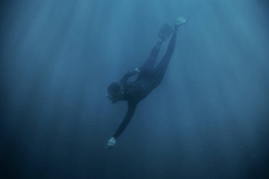 Sportif genç adam freediver wetsuit ve sualtı dalış derin mavi denizde palet giyiyor.