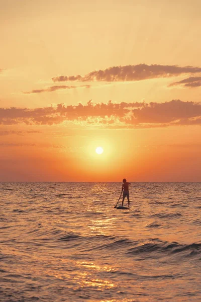 Silueta Hombre Joven Flotando Stand Paddle Board Sup Mar Atardecer — Foto de Stock