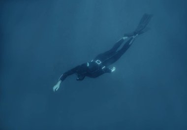Aktif genç adam freediver wetsuit sualtı yüzme içinde.