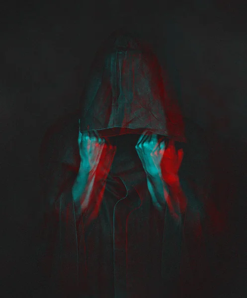 Unrecognizable Human Black Coat Hood Face Visible Image Anaglyph Effect — Stock Photo, Image
