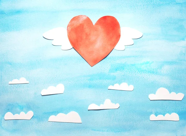 Love Invitation Card Valentine Day Wings Flying Clouds Objects Cut — Stock fotografie