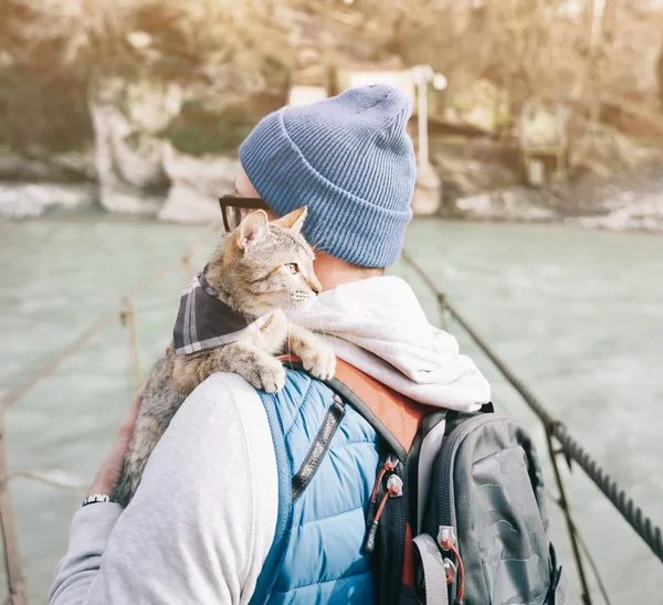旅行者の男の猫と川に架かる橋の上に立って. — ストック写真