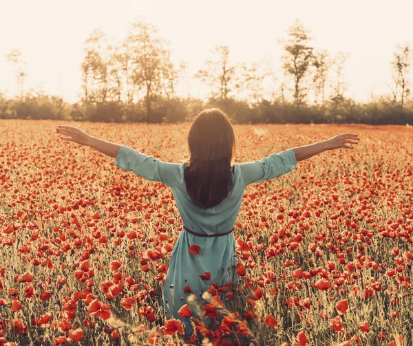 Vista trasera de la mujer con los brazos elevados en el prado de flores . —  Fotos de Stock