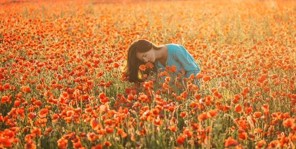 有吸引力的女人在田里嗅着罂粟. — 图库照片