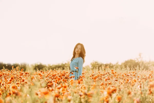 Mooie brunette vrouw wandelen in rode klaproos bloem veld. — Stockfoto