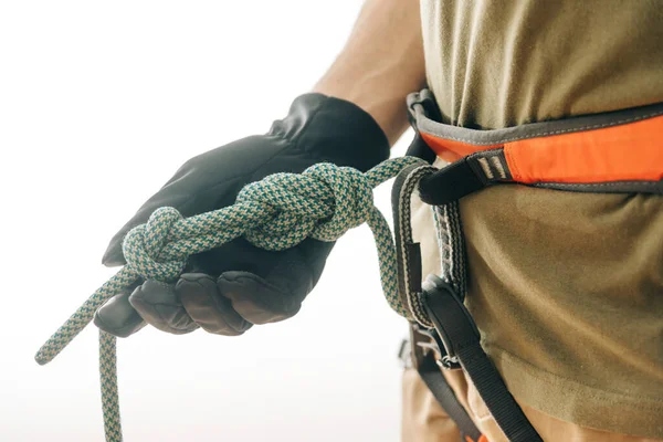 Unrecognizable Sporty Man Climber Safety Harness Gloves Holding Rope Knot — Stock Photo, Image