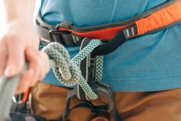 Unrecognizable Sporty Woman Safety Harness Holding Climbing Mountaineering Rope Knot — Stock Photo, Image