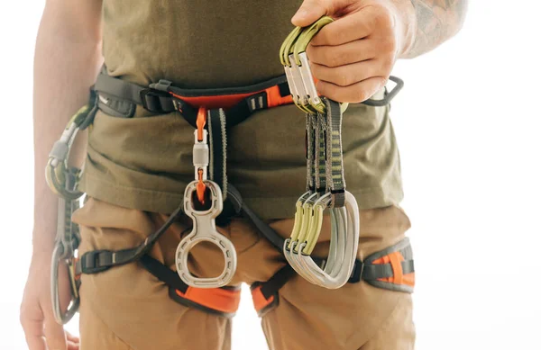 Sporty Man Safety Harness Climbing Mountaineering Equipment Holding Set Quickdraws — Stock Photo, Image