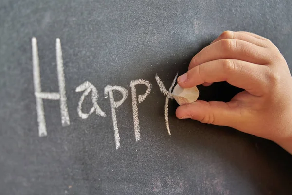 Graphical representation of the word, happy, written with chalk on blackboard