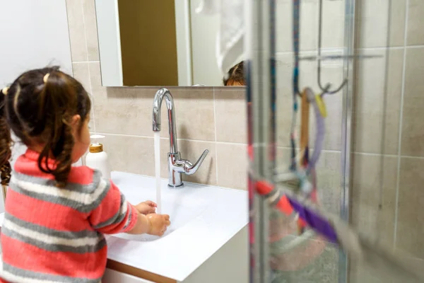 Toddler Child Washing Her Hands Sink Clean Hands Protect Infection — Stock Photo, Image