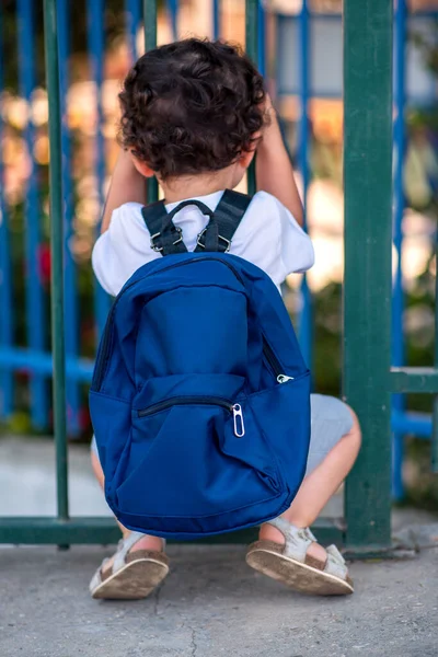 Tilbake Til Skolen Covids Tid Rear View Little Curly Skolegutt – stockfoto