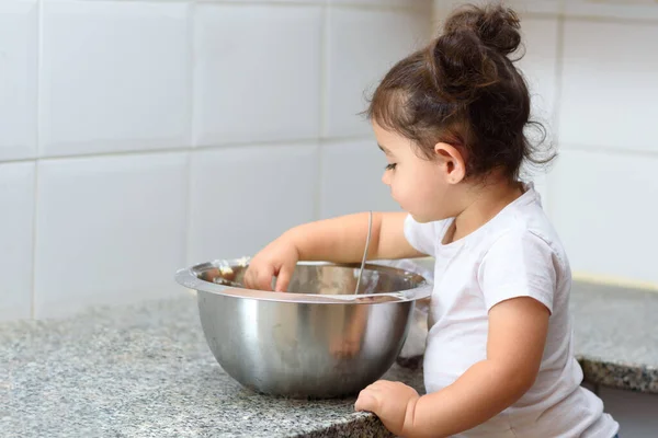 Little Kid Girl Making Pancakes Marble Table Happy Family Funny — Stock Photo, Image