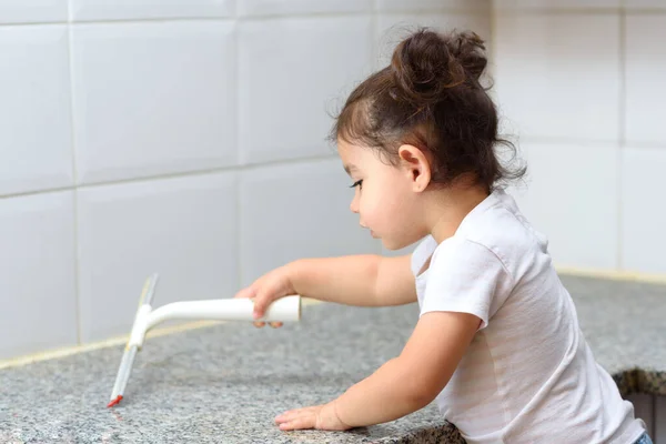 Little Cute Baby Girl Washing Kitchen Marble Bar Mop Indoors — Stock Photo, Image