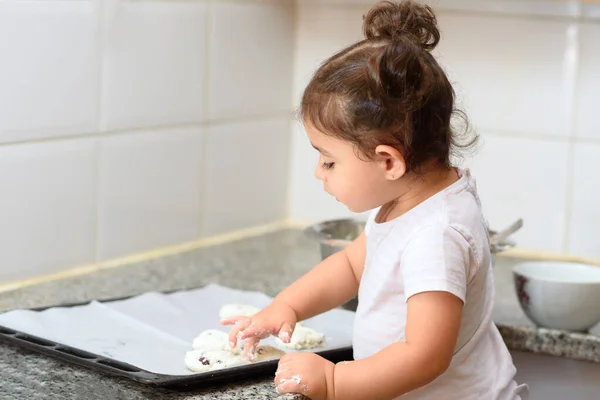 Little Kid Girl Making Pancakes Marble Table Happy Family Funny — Stock Photo, Image