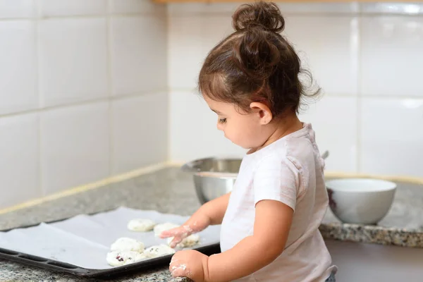 Little Kid Girl Making Cookies Marble Table Happy Family Funny — Stock Photo, Image