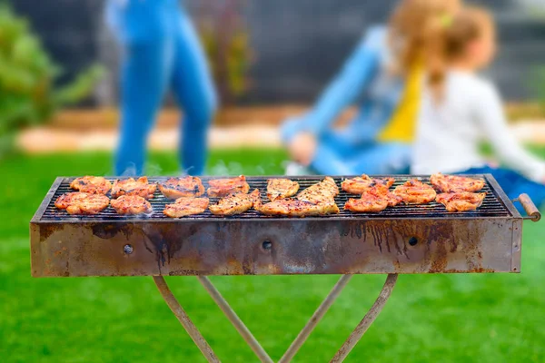Dinner Party Barbecue Chicken Fillet Grill Blurred Background Girls Having — Stock Photo, Image