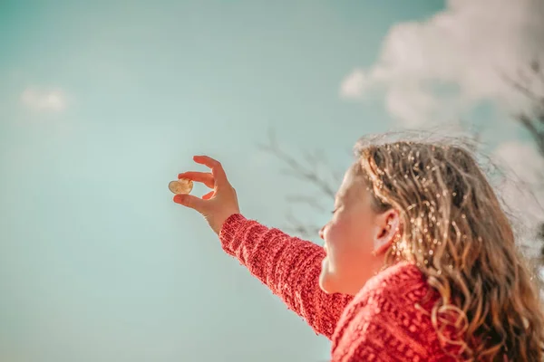 Heart shaped stone held in hands, blue sky in background. — Stock Photo, Image