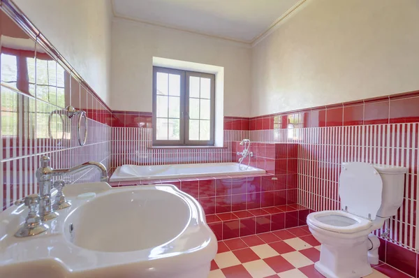 Kırmızı duvarlar ile modern banyo iç