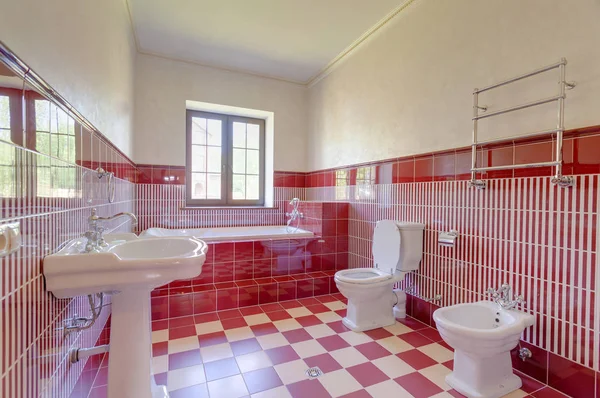 Kırmızı duvarlar ile modern banyo iç