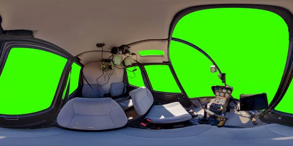 Helikopter kabin 360 panorama. Helikopter içeriden manzara. Robinson r44. 360x180. izole