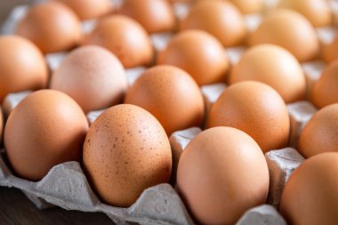 Kağıt tepsisinde taze tavuk yumurtası yumurtaları, ahşap arka planda yumurta karton.