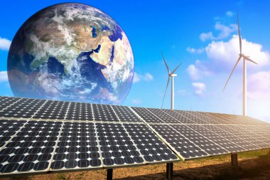manzara ve toprak karşı rüzgar türbinleri ile güneş panelleri, alternatif enerji kavramı, temiz enerji, yeşil enerji, NASA tarafından döşenmiş bu toprak görüntü elemanları.