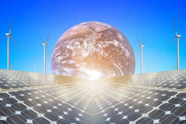solar panels with wind turbines against  landscape and earth,Alternative energy concept,Clean energy,Green energy,Elements of this earth image furnished by NASA.