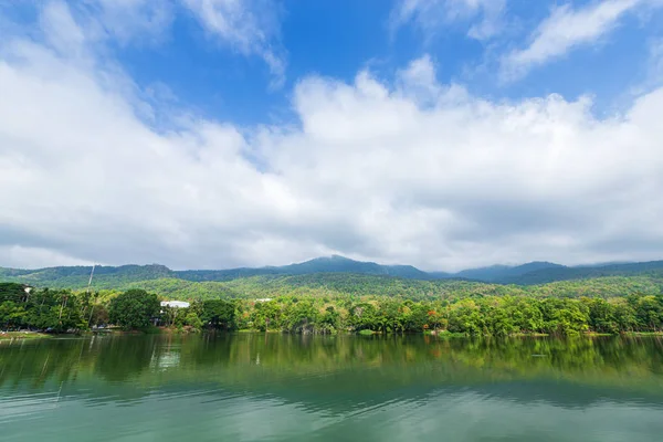 貯水池の青空の背景を持つ山脈の森 — ストック写真