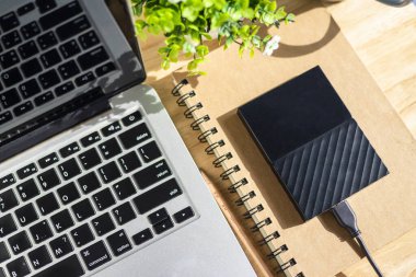 Dizüstü bilgisayarı olan ve pensi olan harici hard disk.