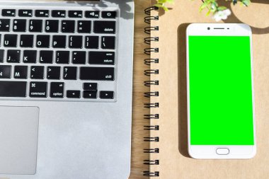 Not defterinde akıllı telefon, kalem ve saksı ağacı olan bir dizüstü bilgisayar. 