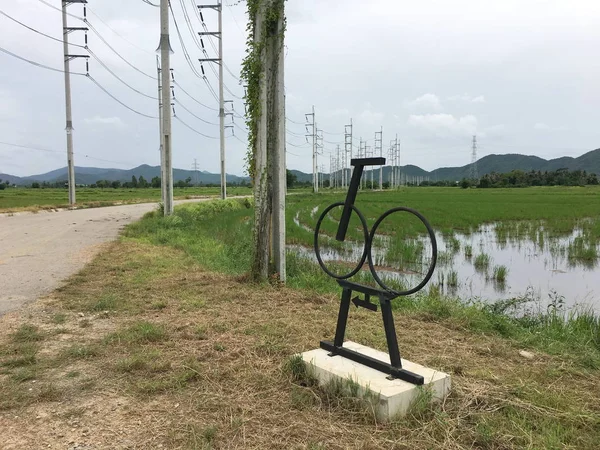 Bicycle model with an arrow, it\'s a sing of bicycle rout. electric power poles, green field and mountain backround.