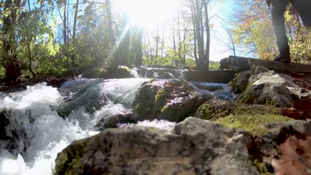Caminando por el bosque de montaña cerca del lago,. Vista desde los lagos de Plitvice. 4k — Vídeos de Stock