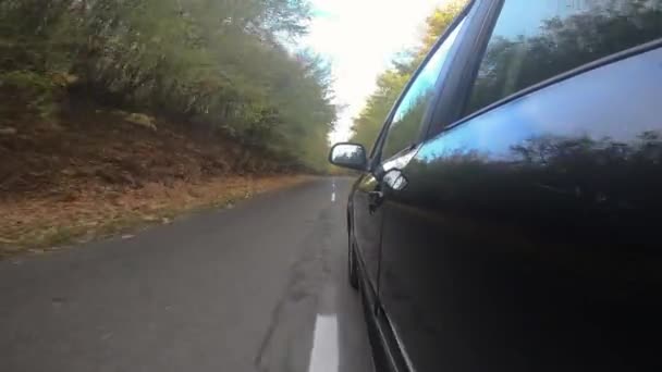 Fechar Carro Pneu Girando Durante Condução Através Floresta Outono Brilhante — Vídeo de Stock