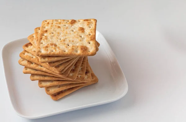 Deliciosas Galletas Cuadradas Apiladas Frescas Crujientes Tostadas Mantecosas Perfecto Con —  Fotos de Stock