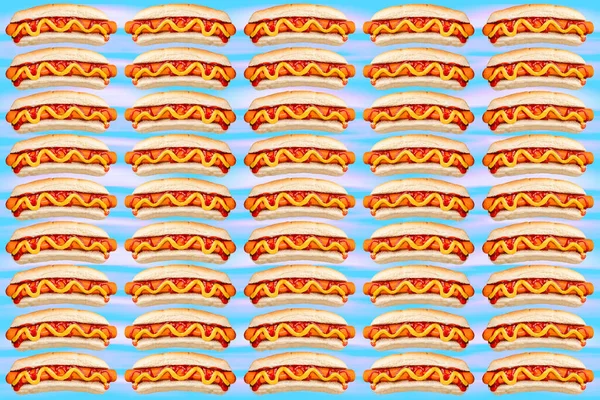 Textur Hintergrund Mit Hot Dog Ketchup Und Senf Auf Weißbrot — Stockfoto