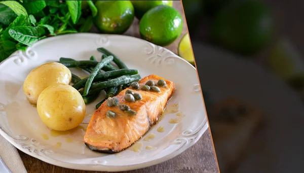 Kapari soslu ızgara somon fileto, patates, sarımsak, maydanoz ve yeşil fasulye. Seçici odaklanma. Metin için boşluk.