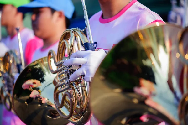 The marching band is playing the French Horn intrument