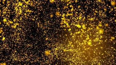 Altın bokeh grafikleri, derinlik ve bokeh ile parlayan parçacıkların 3 boyutlu bilim kurgu arkaplanı. Çizgi ve kare parçacıklar, siyah arkaplan üzerinde sarı altın yüzey