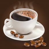 Šálek kávy a šálek kávy kávové boby na boku na hnědém pozadí