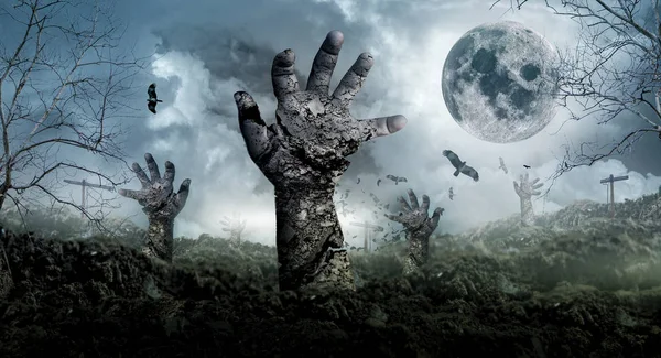 Concepto Halloween Con Zombies Surgiendo Del Cementerio — Foto de Stock