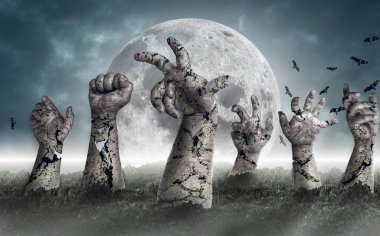 Mezarlıktan yükselen zombiler ile Cadılar Bayramı kavramı.