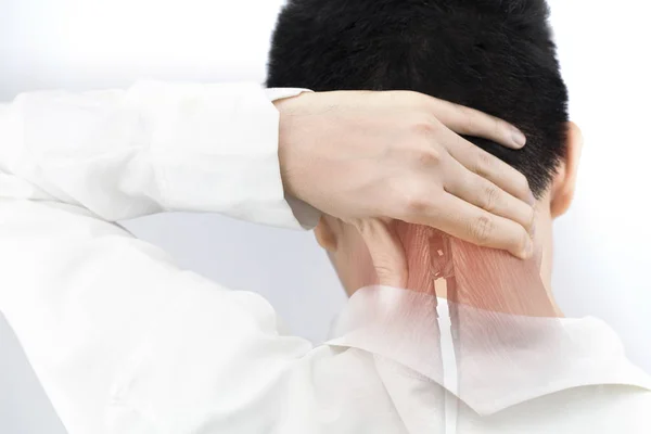 颈部肌肉疼痛 白色背景颈部损伤 — 图库照片