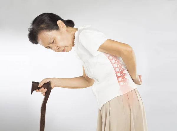 Vieille Asiatique Femme Sentir Colonne Vertébrale Douleur — Photo