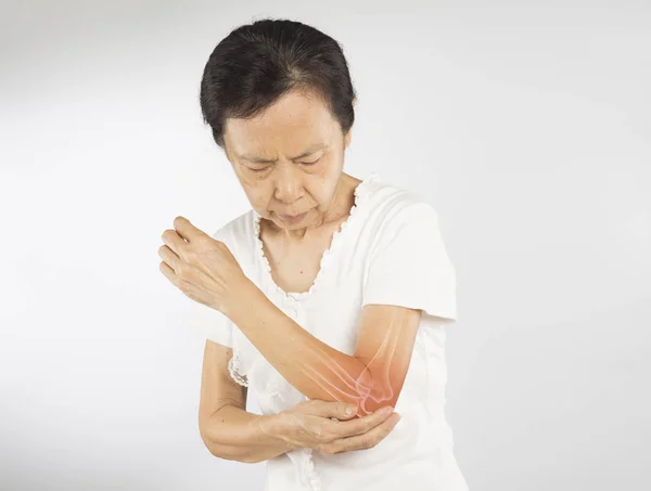 Oude Aziatische Vrouw Voelen Elleboog Botten Letsel — Stockfoto