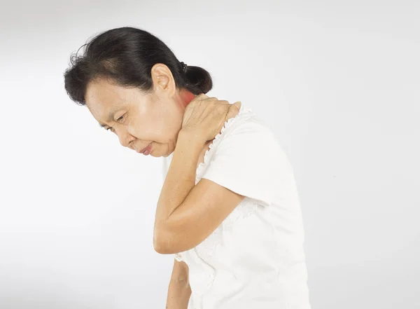 Oude Aziatische Vrouw Voelen Nek Spier Pijn — Stockfoto