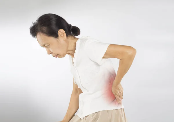 Viejo Asiático Mujer Sentir Espina Dorsal Músculo Dolor —  Fotos de Stock