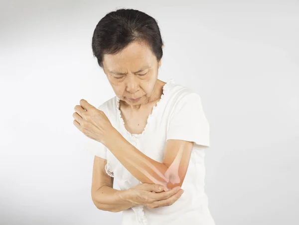 Oude Aziatische Vrouw Voelen Elleboog Botten Letsel — Stockfoto