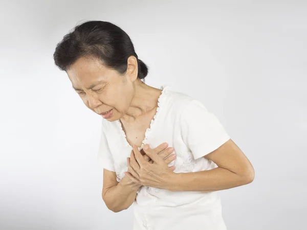 Idade Asiático Mulher Sentir Peito Dor Redor Coração Porque Cardiologia — Fotografia de Stock