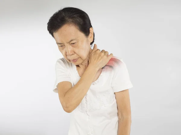 Idade Asiático Mulher Sentir Ombro Muscular Lesão — Fotografia de Stock